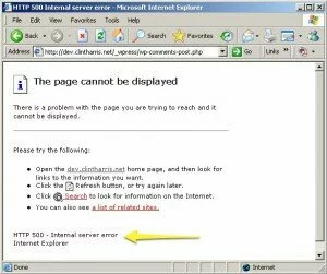 Screenshot showing the standard "500 Internal Server Error" page which is displayed by Internet Explorer when a custom error page is less than 512 bytes.