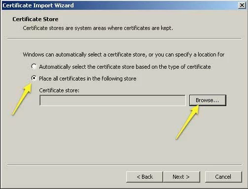 Screenshot showing how to the first step in using the Windows "Certificate Import Wizard."