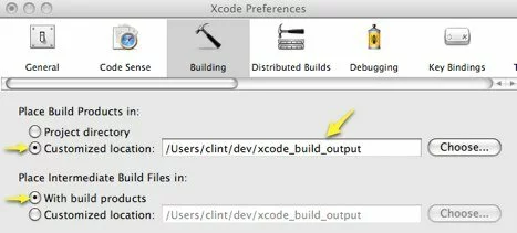 截图显示如何在Xcode首选项对话框，以及如何配置的Xcode使用一个全球性的生成输出目录。