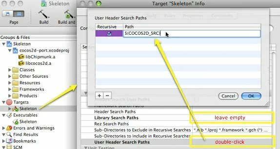 截图显示如何配置Xcode的“用户头搜索路径”图书馆正在通过跨项目参考。