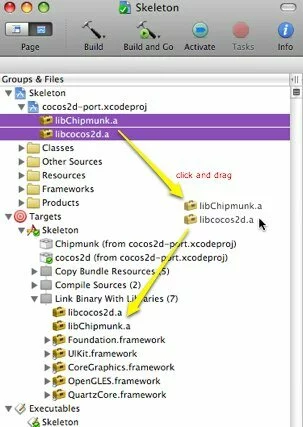 截图显示如何通过跨项目在Xcode参考的静态库链接到你的可执行文件。