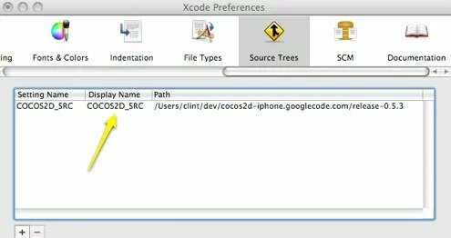 截图显示“源树”设置“选项卡，在Xcode的喜好。